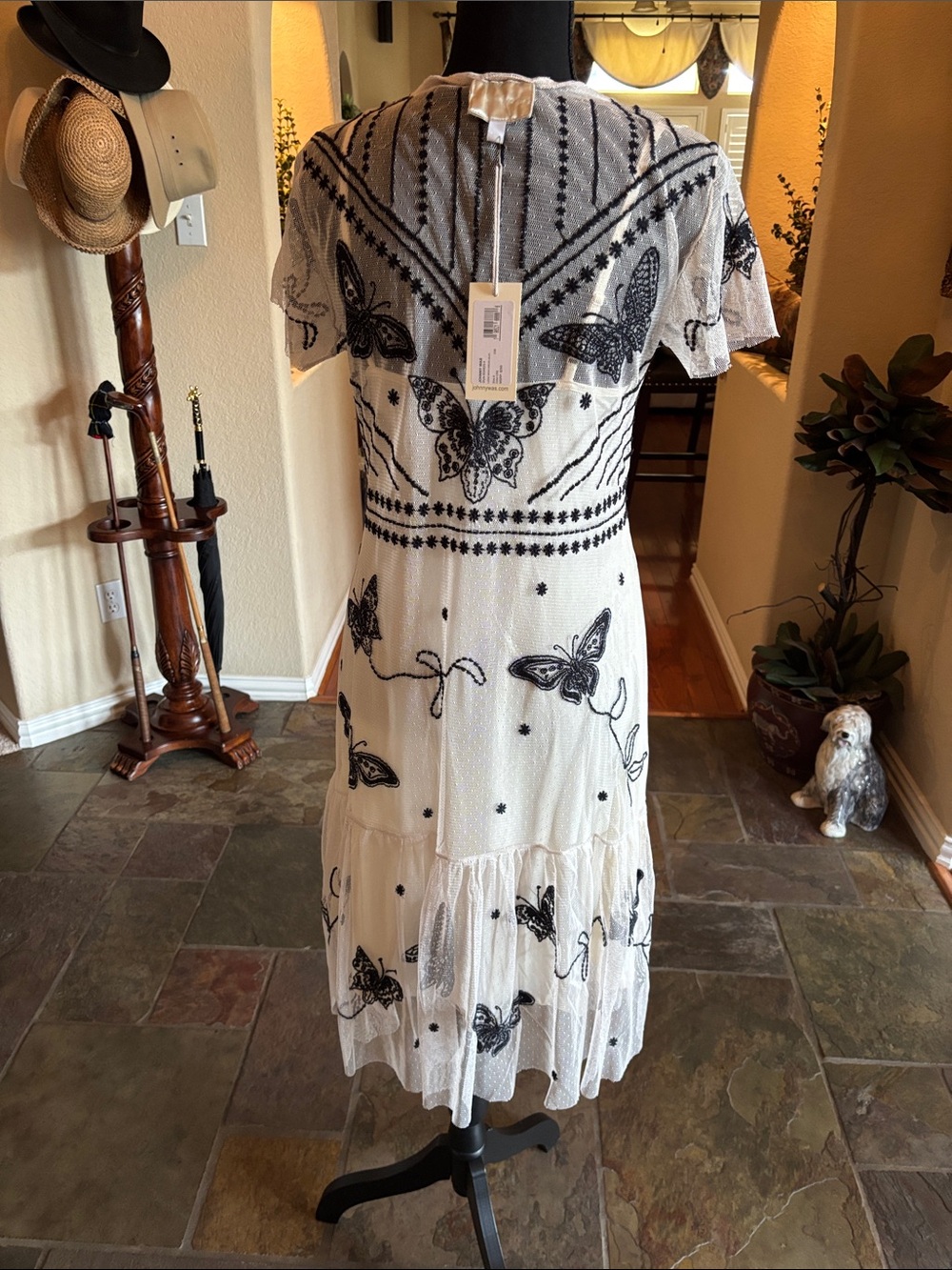 White Midi Dress with Black Butterfly Embroidery - Picture 5 of 6